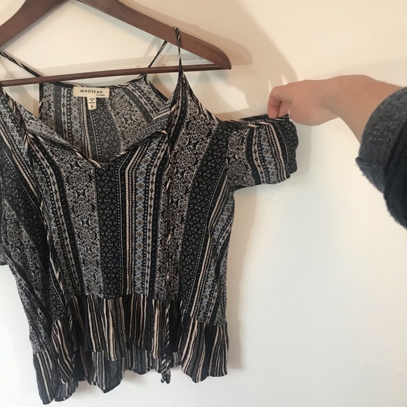 Monteau Black and Blue Patterned Cold Shoulder Top - Picture 3 of 6